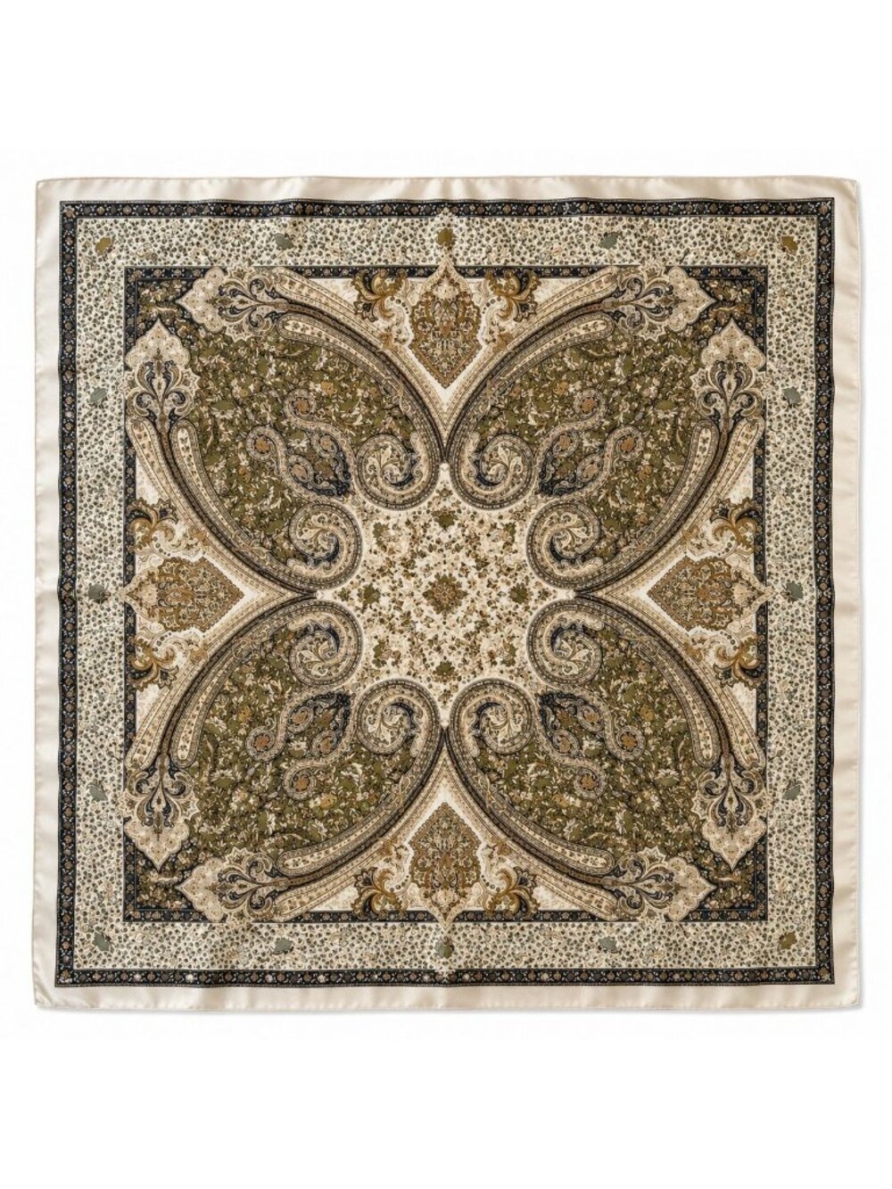 Ivory Olive Paisley Square Scarf 26x26 Sage Green Brown Neck Scarf